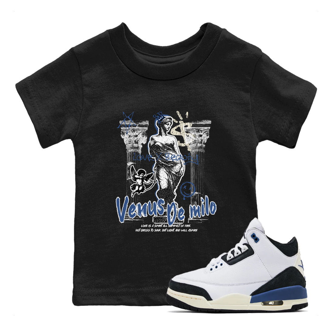 3s For The Love to match jordans Venus De Milo best t shirts to wear with jordans A Ma Maniere x Air Jordan 3 Diffused Blue match shoes to clothes SNRT Sneaker Tees Youth Baby Black 1 tee