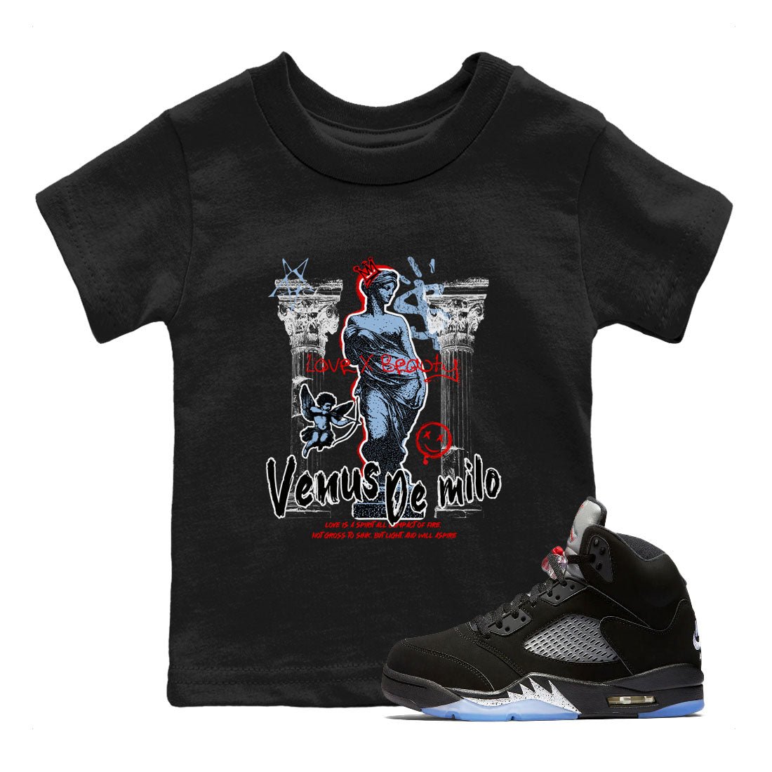 5s Black Metallic Reimagined shirts to match jordans Venus De Milo best t shirts to wear with jordans AJ5 Retro OG Reimagined match shoes to clothes SNRT Sneaker Tees Youth Baby Black 1 tee
