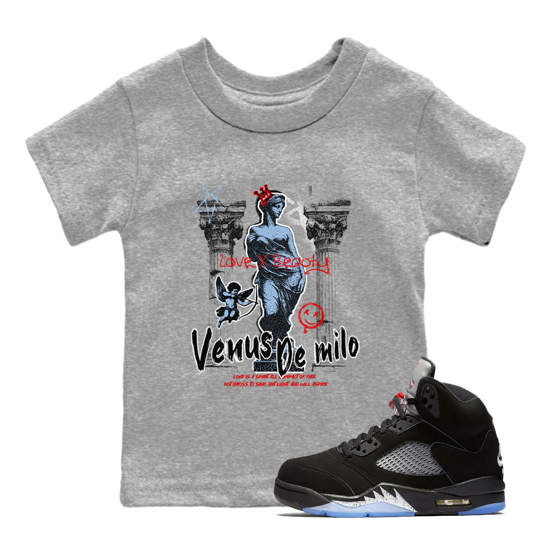 5s Black Metallic Reimagined shirts to match jordans Venus De Milo best t shirts to wear with jordans AJ5 Retro OG Reimagined match shoes to clothes SNRT Sneaker Tees Youth Baby Heather Grey 1 tee