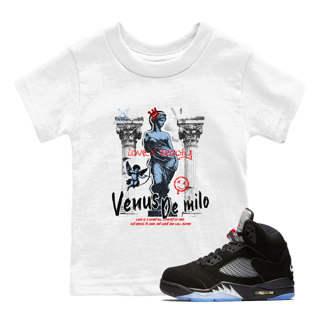 5s Black Metallic Reimagined shirts to match jordans Venus De Milo best t shirts to wear with jordans AJ5 Retro OG Reimagined match shoes to clothes SNRT Sneaker Tees Youth Baby White 1 tee