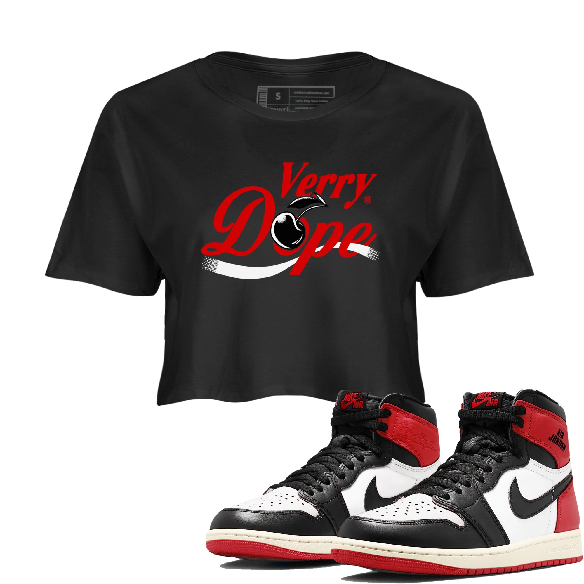 1s Black Toe Reimagined shirts to match jordans Verry Dope sneaker match tees Air Jordan 1 Retro High Black Toe Reimagined match shoes to clothes SNRT Sneaker Tees unisex cotton Black 1 crop tee