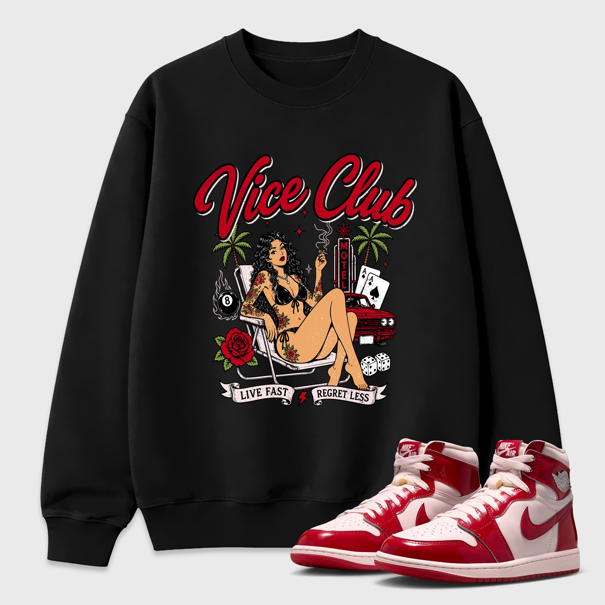 Vice Club Graphic T-Shirt featuring original streetwear artwork designed to match the Air Jordan 1 Nails and Grails. Black 1 Graphic Tee.