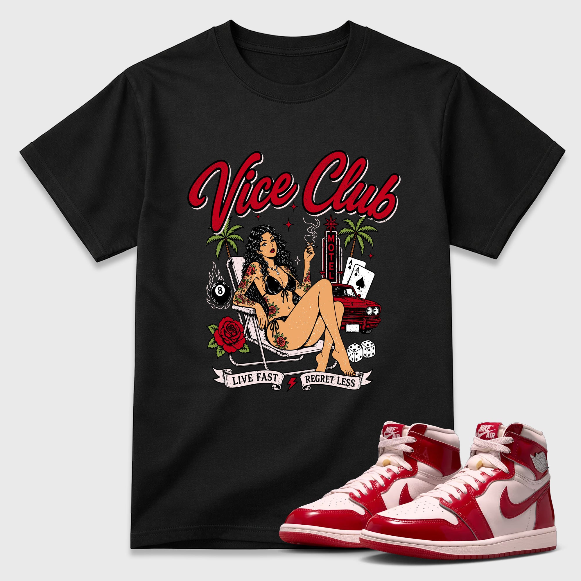 Vice Club Graphic T-Shirt featuring original streetwear artwork designed to match the Air Jordan 1 Nails and Grails. Black 1 Graphic T-Shirt.