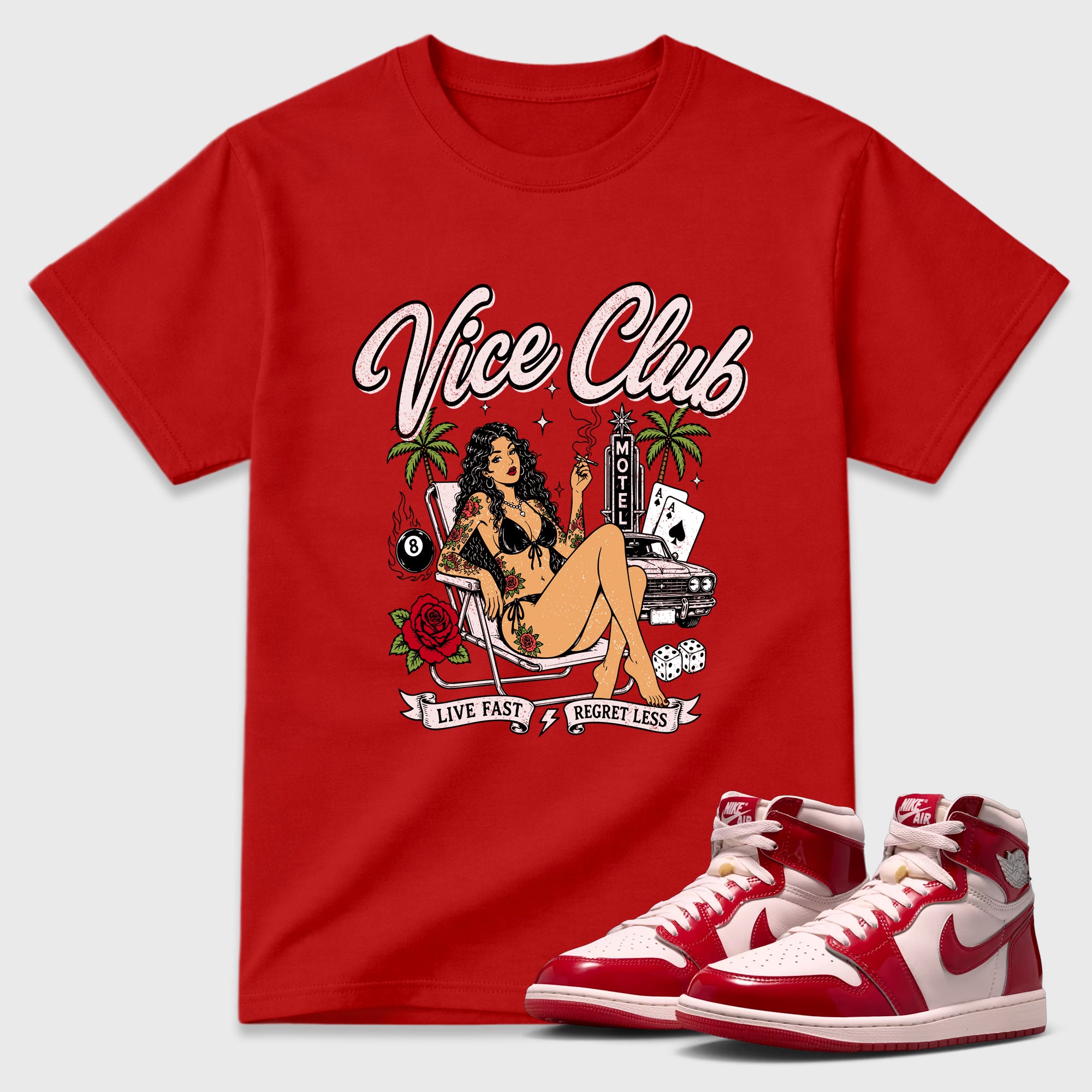 Vice Club Graphic T-Shirt featuring original streetwear artwork designed to match the Air Jordan 1 Nails and Grails. Red 1 Graphic T-Shirt.