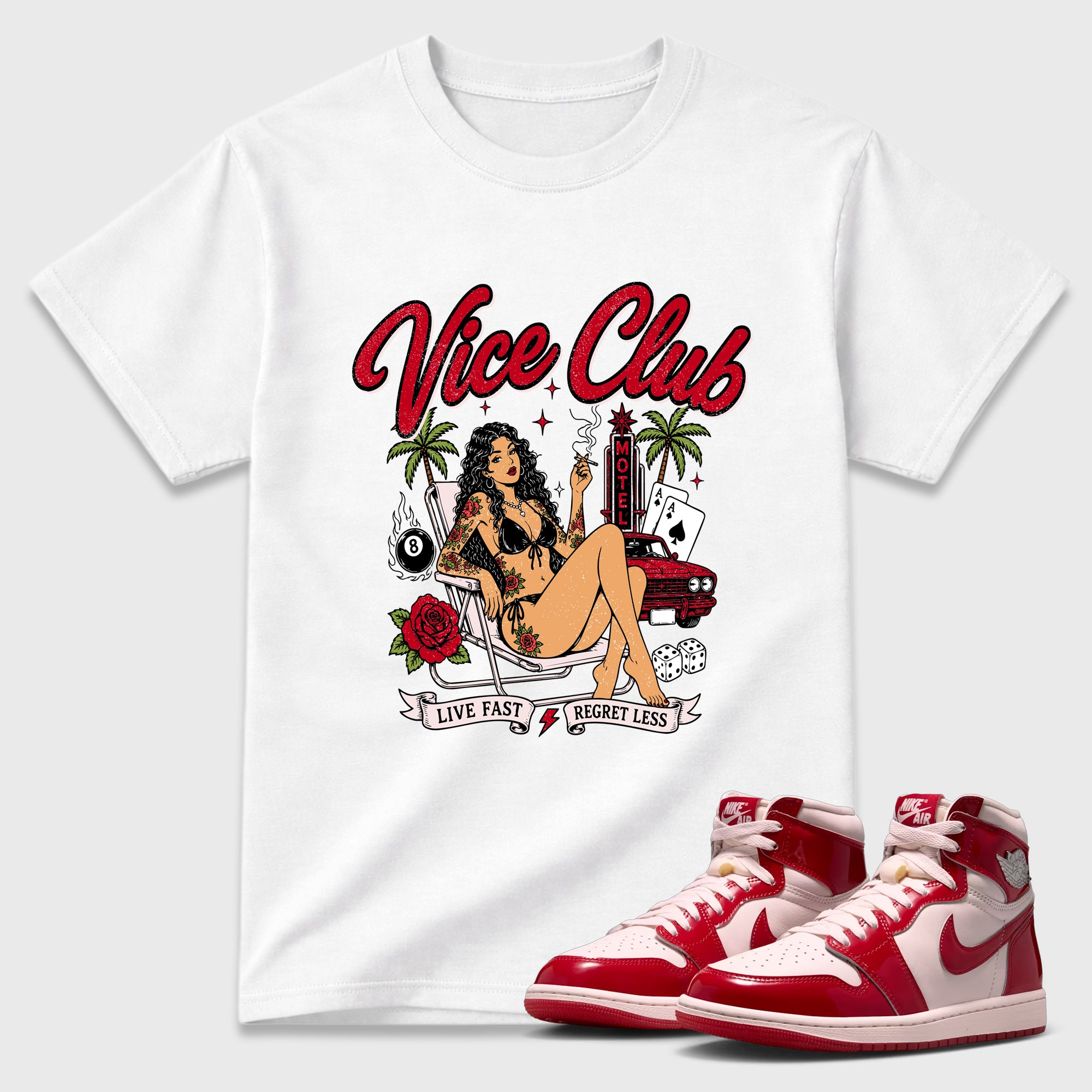 Vice Club Graphic T-Shirt featuring original streetwear artwork designed to match the Air Jordan 1 Nails and Grails. White 1 Graphic T-Shirt.