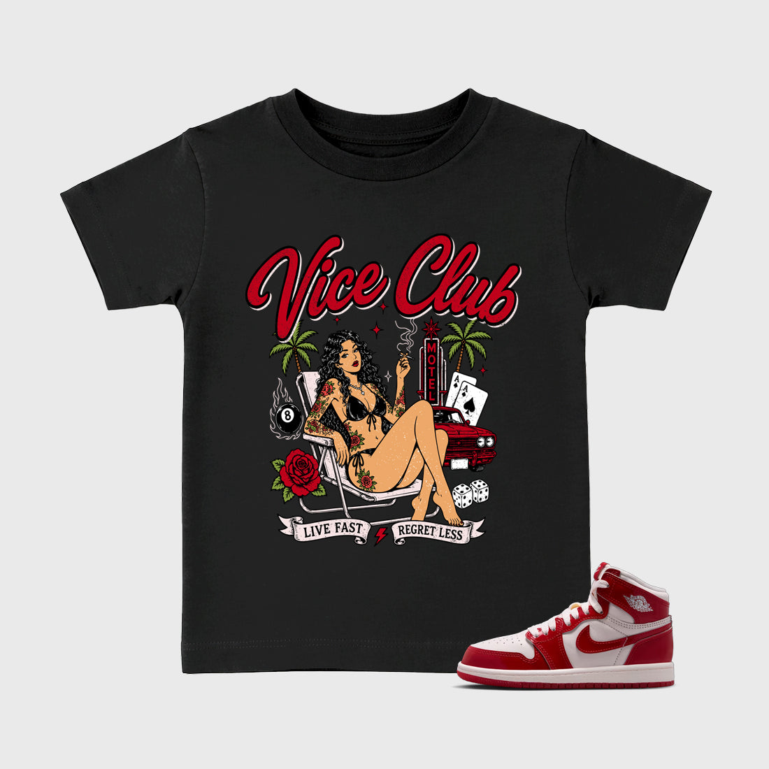 Vice Club Baby & Kids Graphic T-Shirt featuring original artwork designed to match the Air Jordan 1 Nails and Grails. Black 1 Kids Graphic Tee.