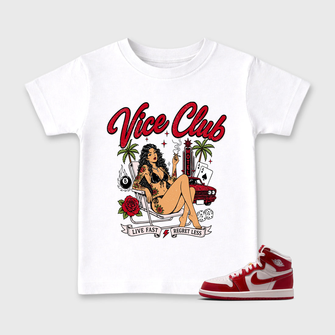 Vice Club Baby & Kids Graphic T-Shirt featuring original artwork designed to match the Air Jordan 1 Nails and Grails. White 1 Kids Graphic Tee.