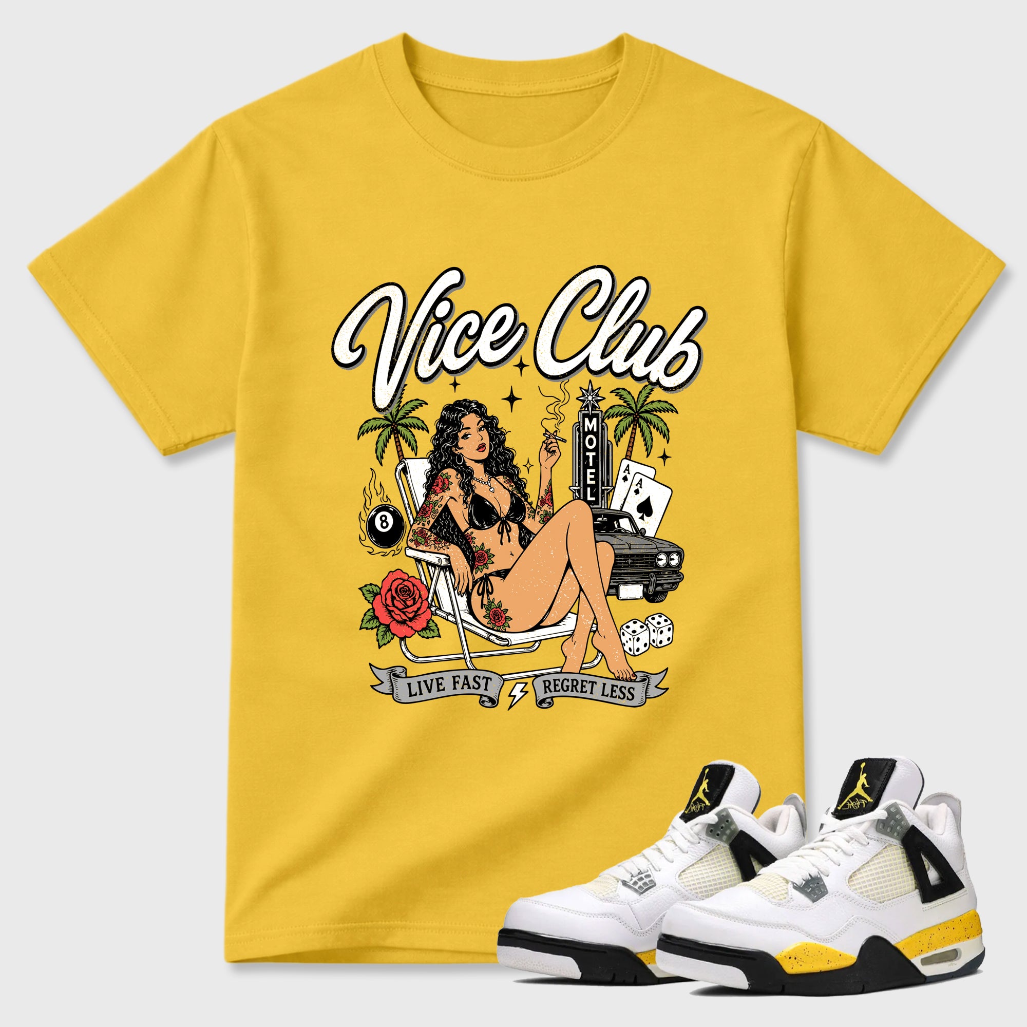 Vice Club Graphic T-Shirt featuring original streetwear artwork designed to match the Air Jordan 4 Tour Yellow. Daisy 1 Graphic T-Shirt.