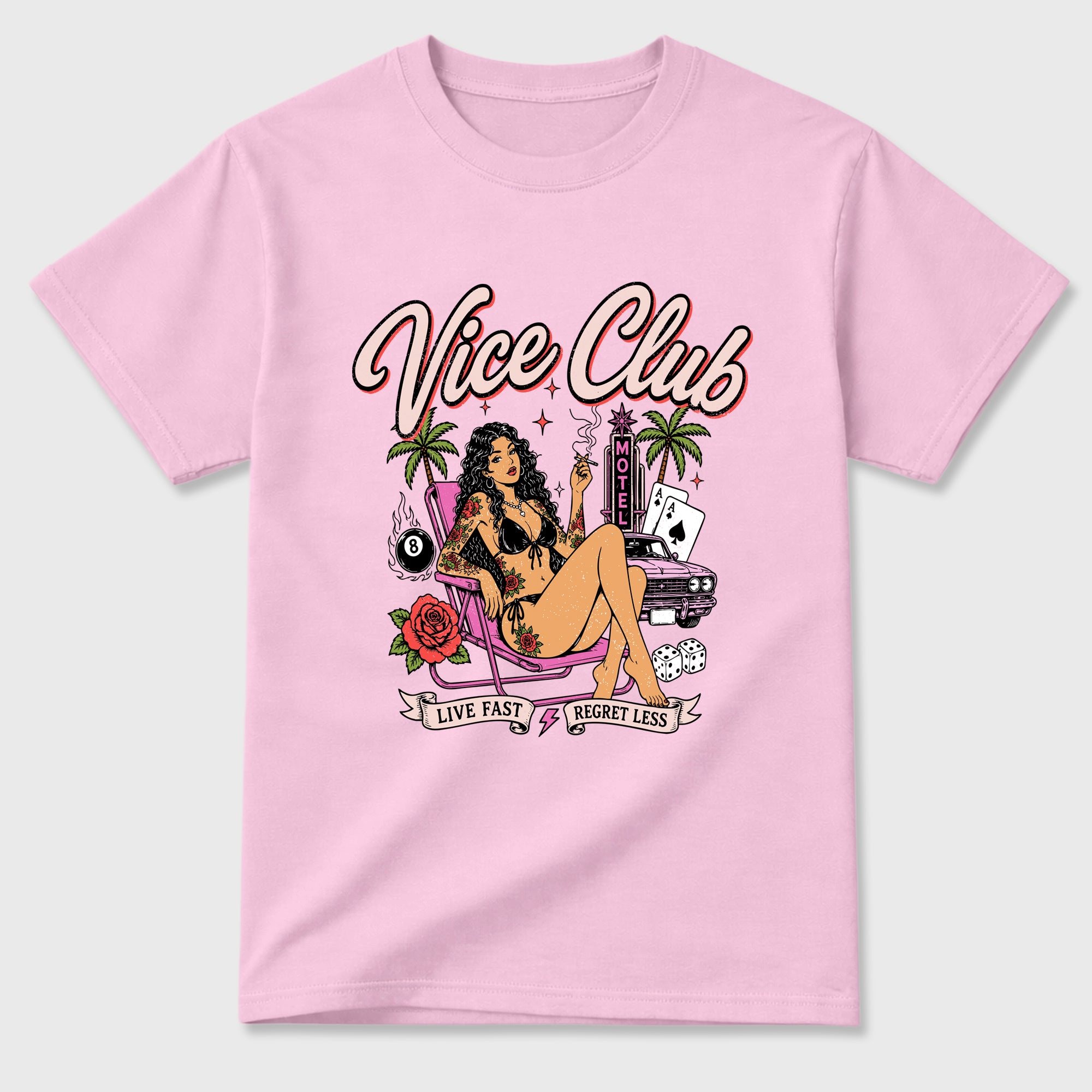 Vice Club Graphic T-Shirt featuring original streetwear artwork designed to match the Air Jordan 6 Playful Pink. Pink 2 Graphic T-Shirt.