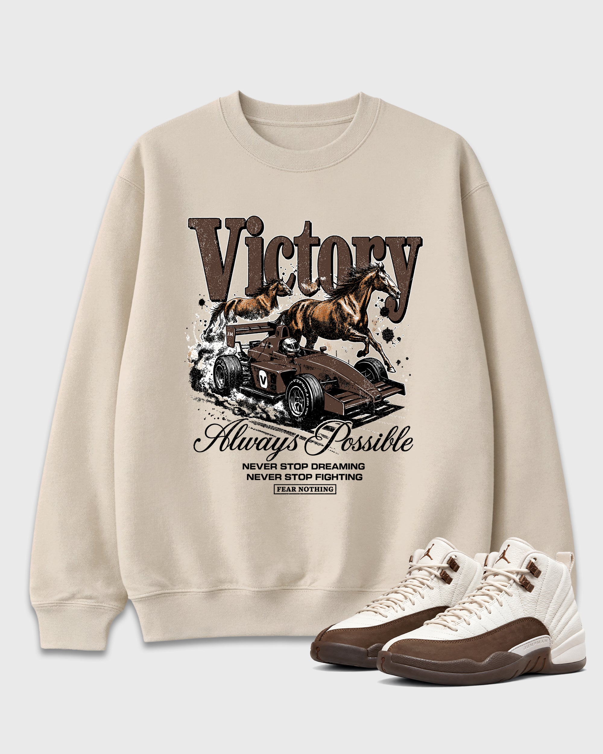 Victory Graphic T-Shirt featuring original streetwear artwork designed to match the Air Jordan 12 Fireside. Natural 1 Graphic Tee.