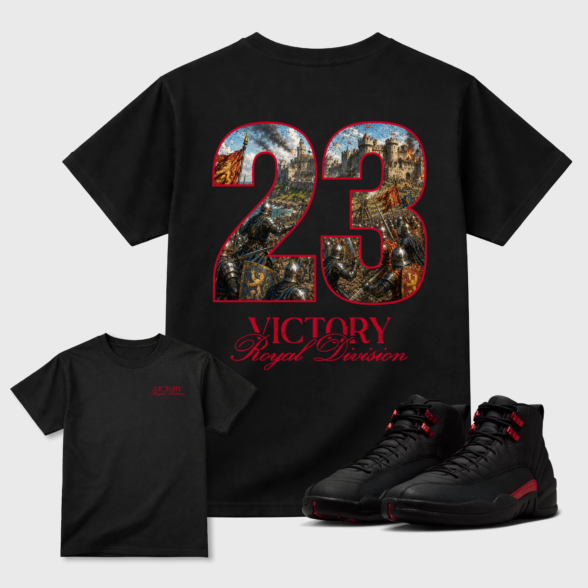 Victory Graphic T-Shirt sneaker match tee designed for the Air Jordan 12 Bloodline sneakers, featuring coordinated color options for a perfect streetwear match. Black shirt.