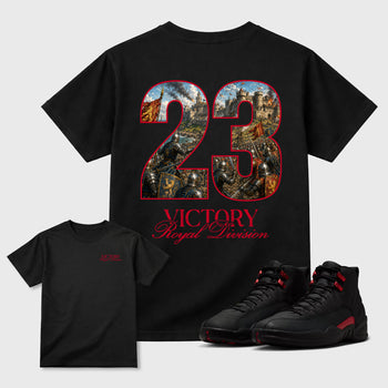 Victory Graphic T-Shirt sneaker match tee designed for the Air Jordan 12 Bloodline sneakers, featuring coordinated color options for a perfect streetwear match. Black shirt.
