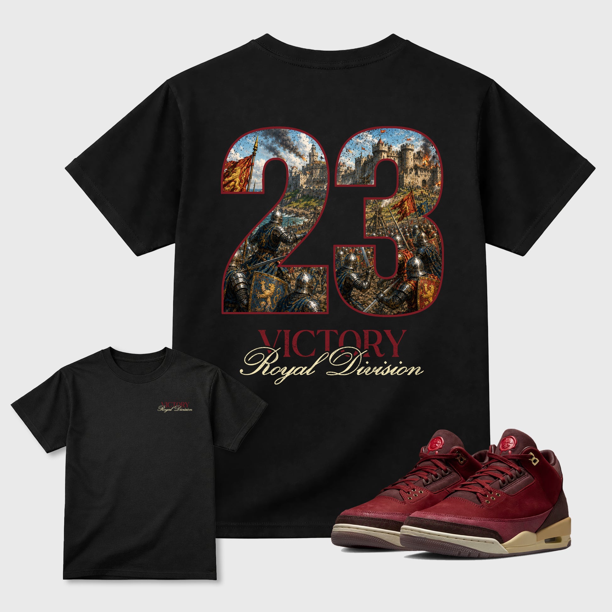 Victory Graphic T-Shirt sneaker match tee designed for the 3s Burgundy Bin 23, featuring coordinated color options for a perfect streetwear match. Black shirt.