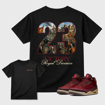 Victory Graphic T-Shirt sneaker match tee designed for the 3s Burgundy Bin 23, featuring coordinated color options for a perfect streetwear match. Black shirt.
