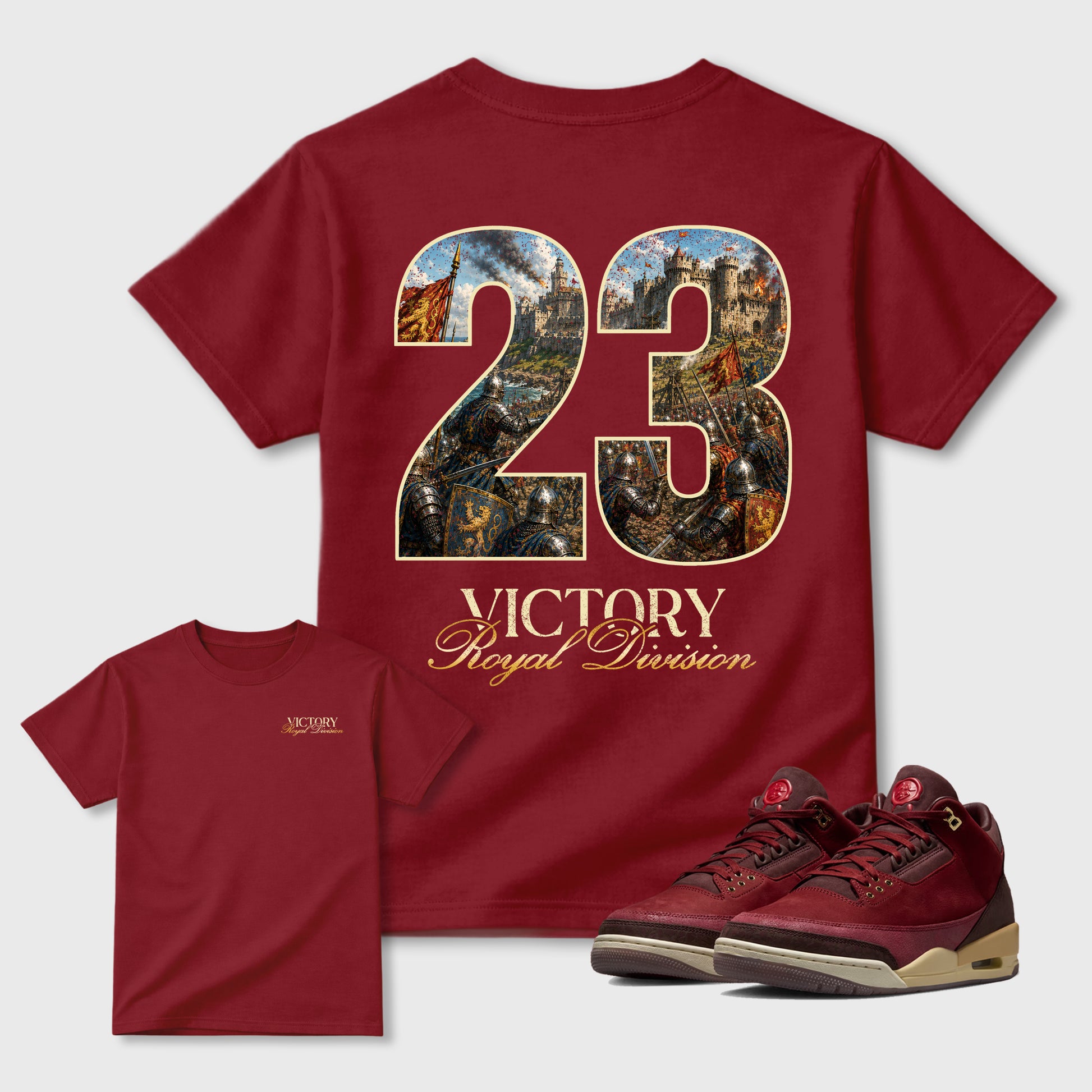 Victory Graphic T-Shirt sneaker match tee designed for the Air Jordan 3 Bin 23 sneakers, featuring coordinated color options for a perfect streetwear match. Cardinal shirt.