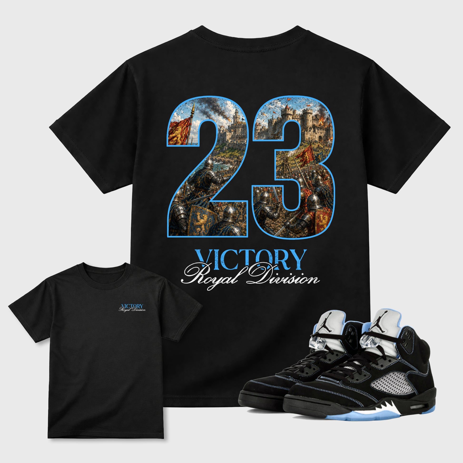 Victory Graphic T-Shirt sneaker match tee designed for the Air Jordan 5 Black Carolina sneakers, featuring coordinated color options for a perfect streetwear match. Black shirt.