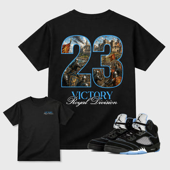 Victory Graphic T-Shirt sneaker match tee designed for the Air Jordan 5 Black Carolina sneakers, featuring coordinated color options for a perfect streetwear match. Black shirt.