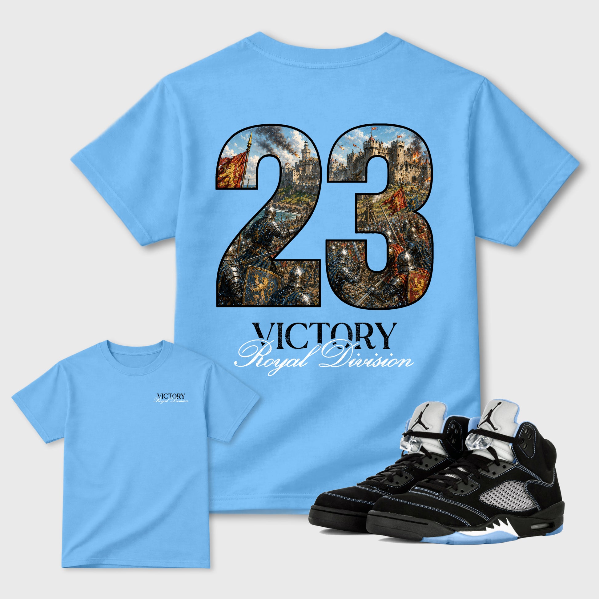 Victory Graphic T-Shirt sneaker match tee designed for the 5s Black Carolina, featuring coordinated color options for a perfect streetwear match. Carolina Blue shirt.
