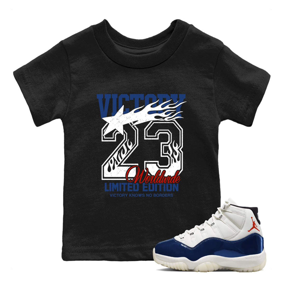 Sneaker match tees – Sneaker Tees To Match Air Jordan 11 Rare Air Shoes – Victory Knows No Borders Kids T-Shirt Black 1