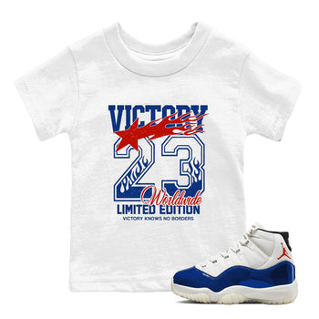 White t-shirt with 'Victory 23 Worldwide Limited Edition' design and a matching sneaker on a white background