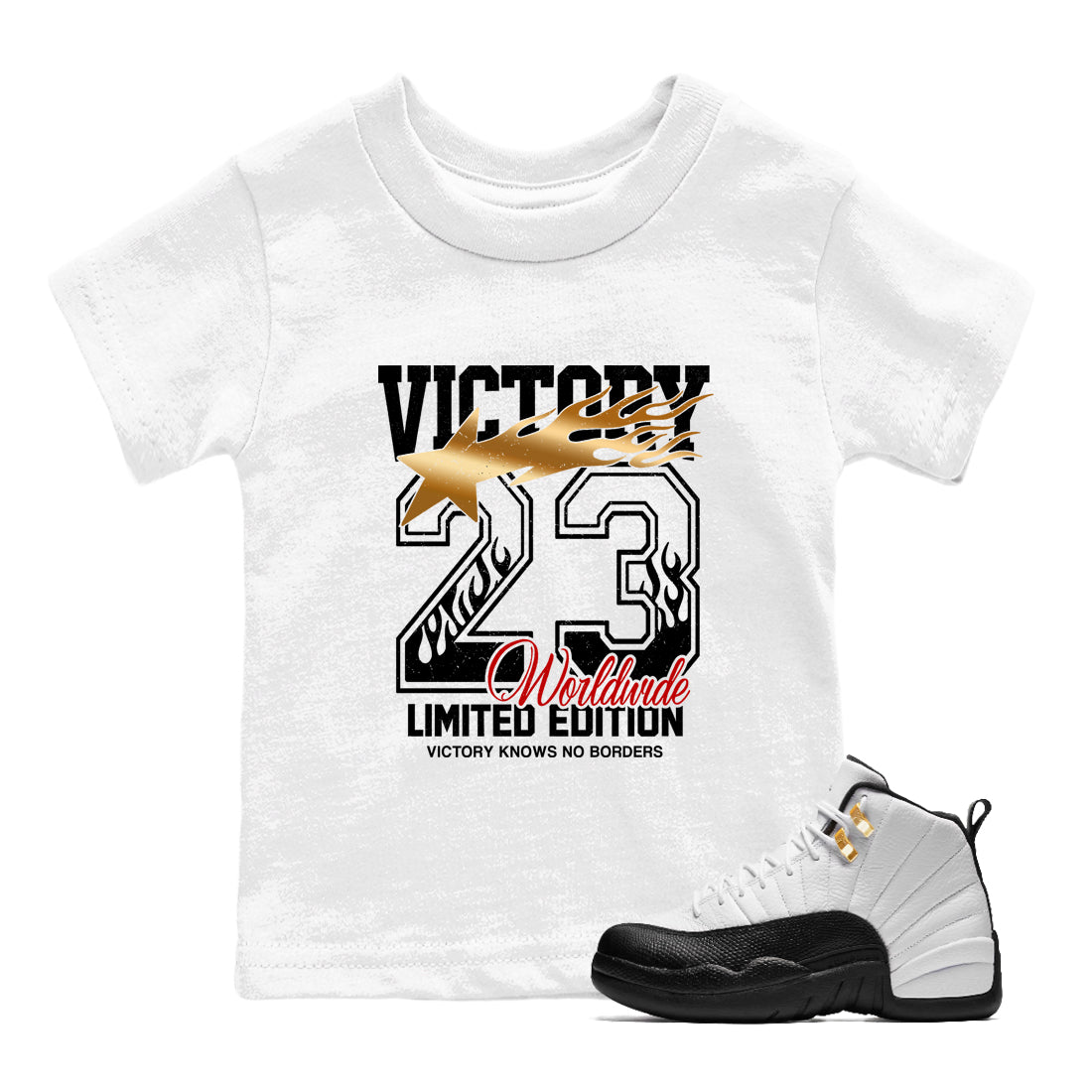 Sneaker match tees – Sneaker Tees To Match Air Jordan 12 Taxi Shoes – Victory Knows No Borders Kids T-Shirt White 1