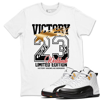 Sneaker match tees – Sneaker Tees To Match Air Jordan 12 Taxi Shoes – Victory Knows No Borders Tee White 1