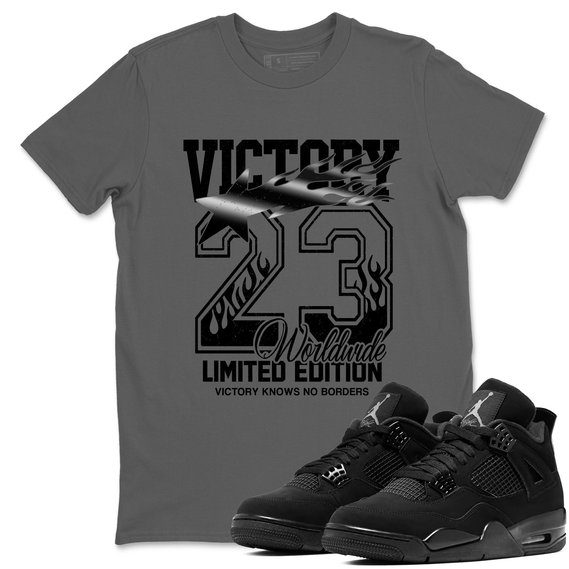 Sneaker match tees – Sneaker Tees To Match Air Jordan 4 Black Cat Shoes – Victory Knows No Borders Tee Cool Grey 1