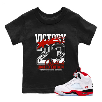 Sneaker match tees – Sneaker Tees To Match Air Jordan 5 Fire Red Shoes – Victory Knows No Borders Kids T-Shirt Black 1