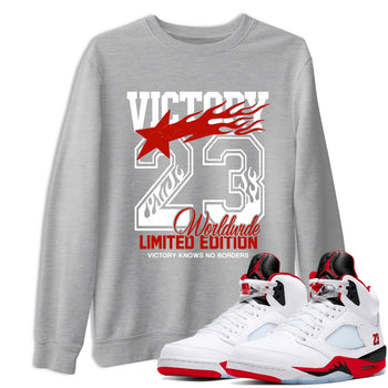 Sneaker match tees – Sneaker Tees To Match Air Jordan 5 Fire Red Shoes – Victory Knows No Borders Tee Heather Grey 1