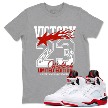Sneaker match tees – Sneaker Tees To Match Air Jordan 5 Fire Red Shoes – Victory Knows No Borders Tee Heather Grey 1