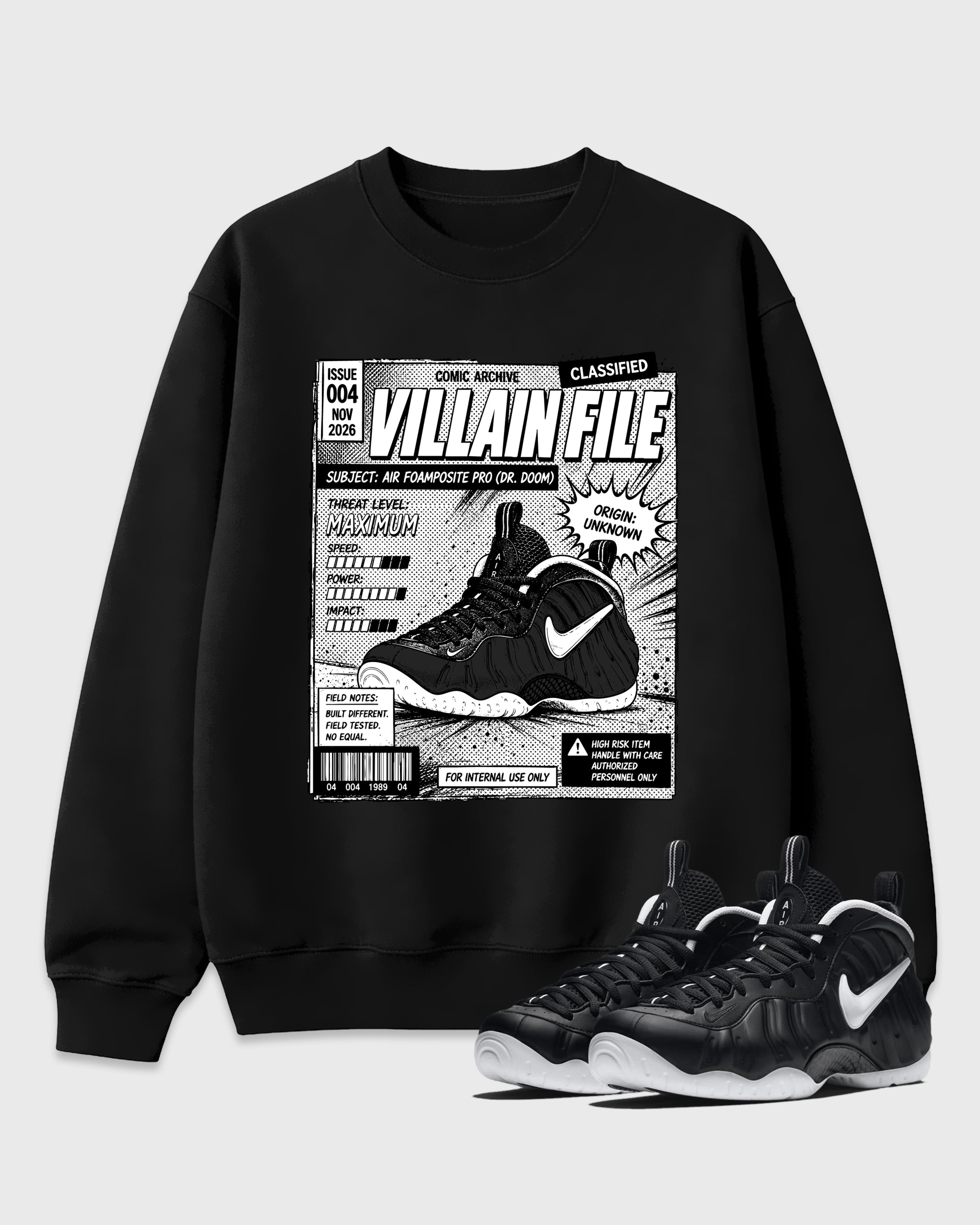 Villain File Graphic T-Shirt featuring original streetwear artwork designed to match the Air Foamposite Pro Dr.Doom. Black 1 Graphic Tee.