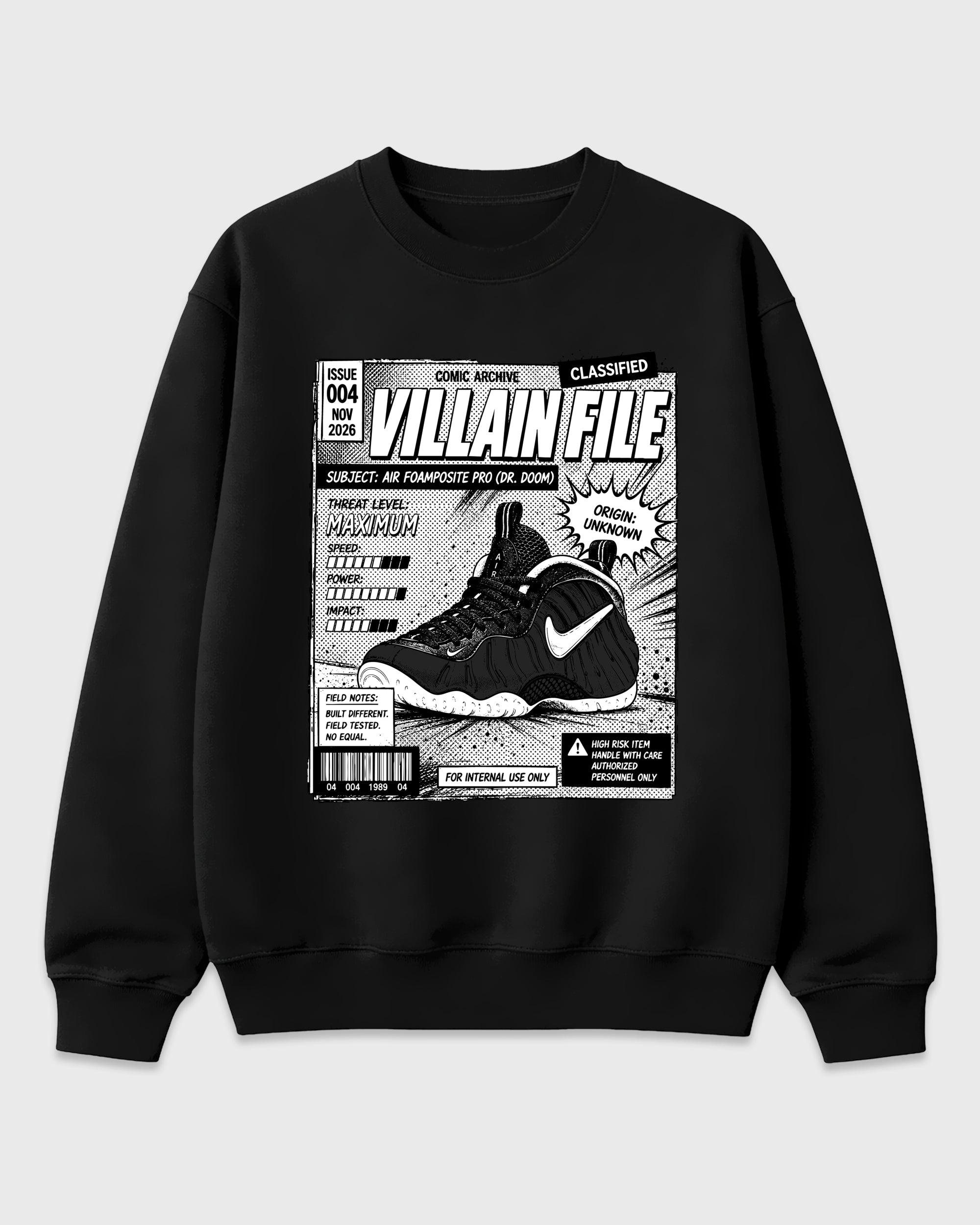 Villain File Graphic T-Shirt featuring original streetwear artwork designed to match the Air Foamposite Pro Dr.Doom. Black 2 Graphic Tee.