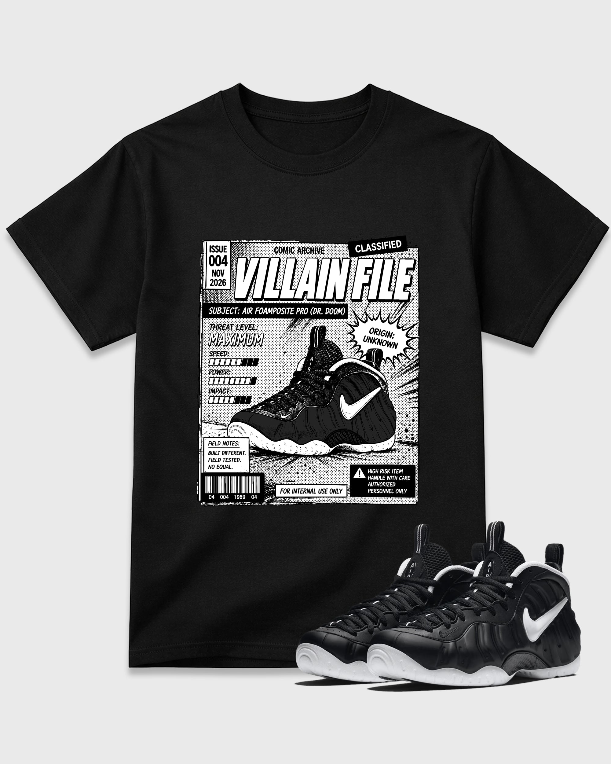 Villain File Graphic T-Shirt featuring original streetwear artwork designed to match the Air Foamposite Pro Dr.Doom. Black 1 Graphic T-Shirt.