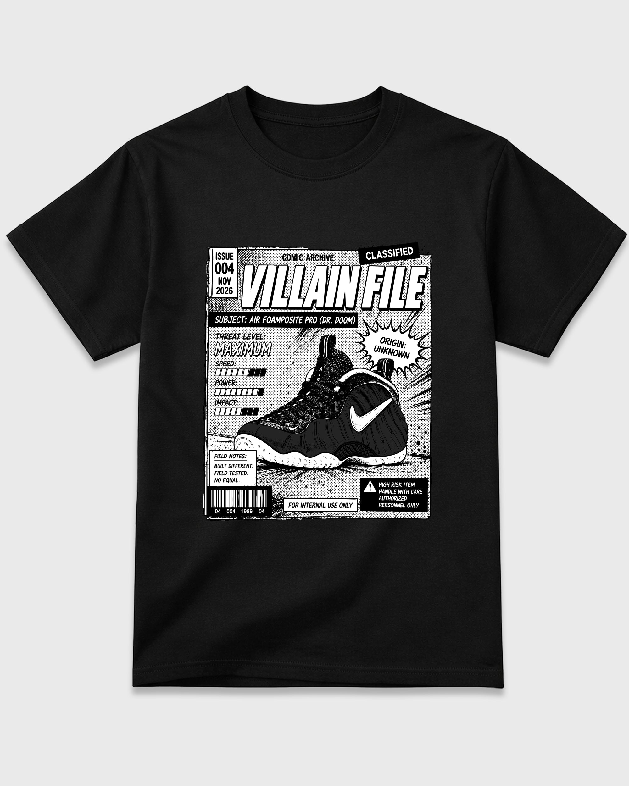 Villain File Graphic T-Shirt featuring original streetwear artwork designed to match the Air Foamposite Pro Dr.Doom. Black 2 Graphic T-Shirt.