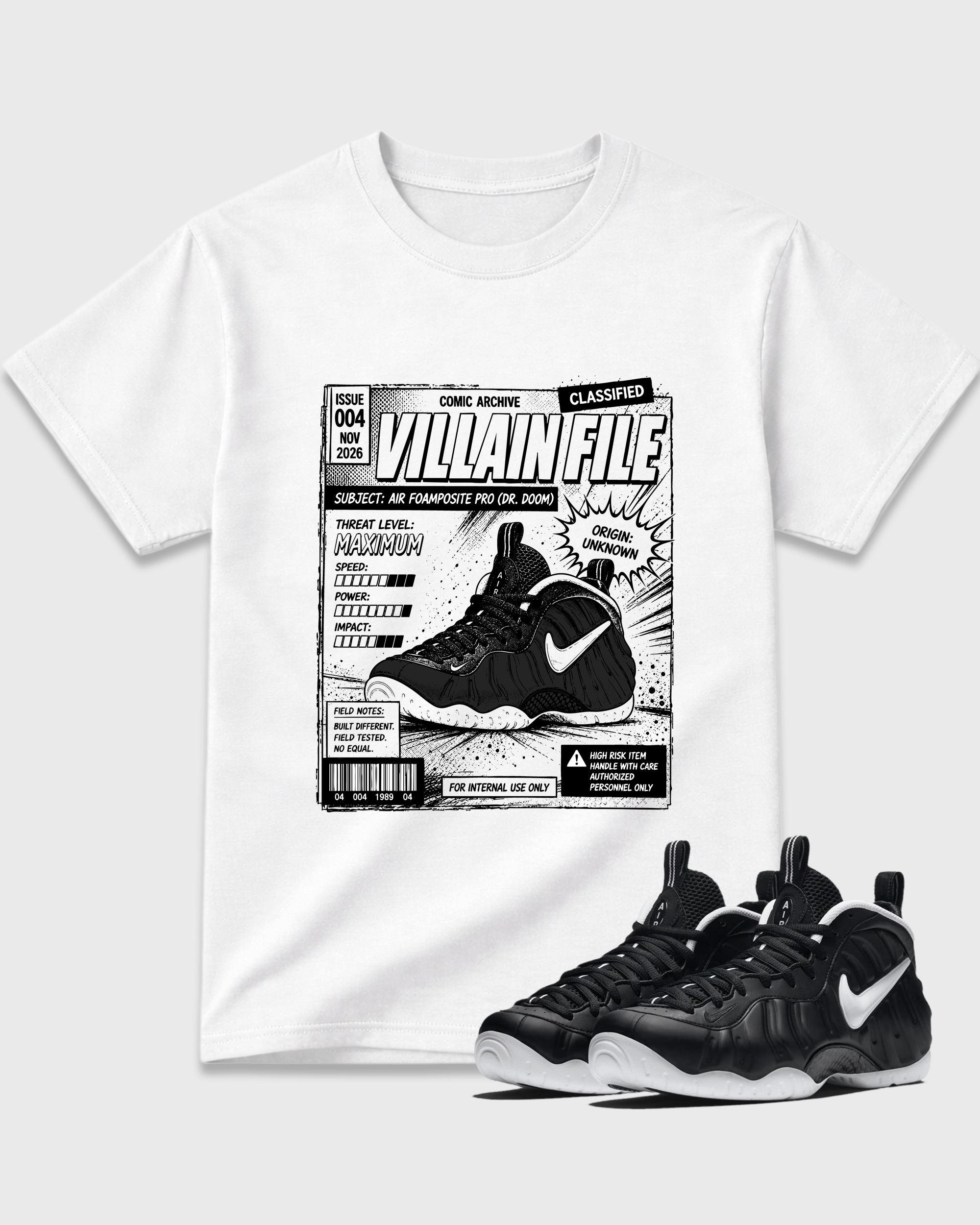 Villain File Graphic T-Shirt featuring original streetwear artwork designed to match the Air Foamposite Pro Dr.Doom. White 1 Graphic T-Shirt.
