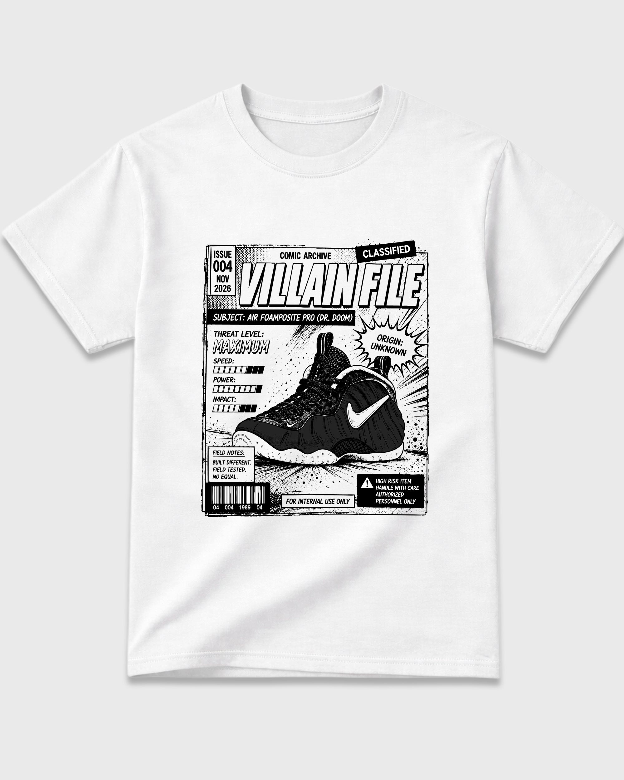 Villain File Graphic T-Shirt featuring original streetwear artwork designed to match the Air Foamposite Pro Dr.Doom. White 2 Graphic T-Shirt.
