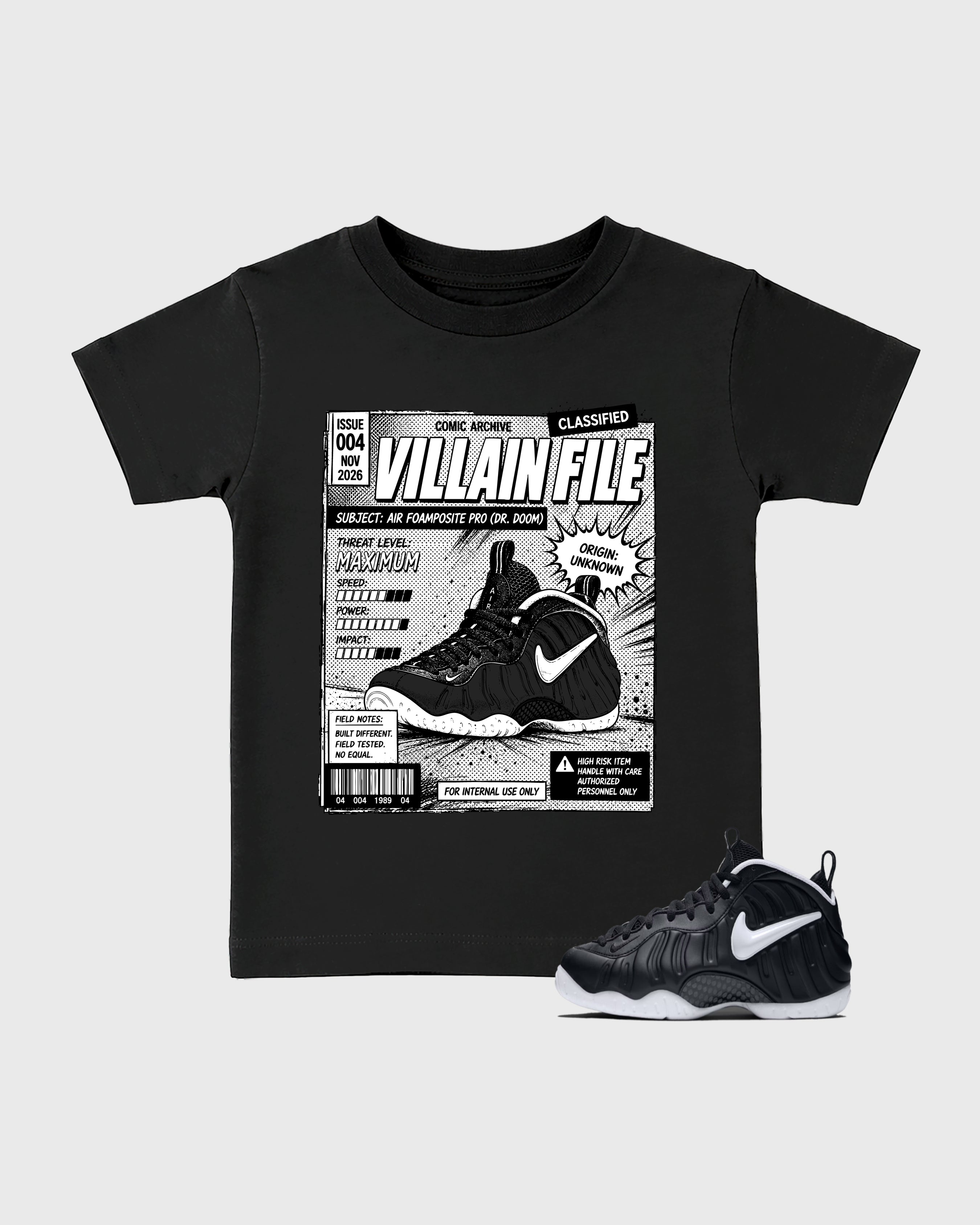 Villain File Baby & Kids Graphic T-Shirt featuring original artwork designed to match the Air Foamposite Pro Dr.Doom. Black 1 Kids Graphic Tee.