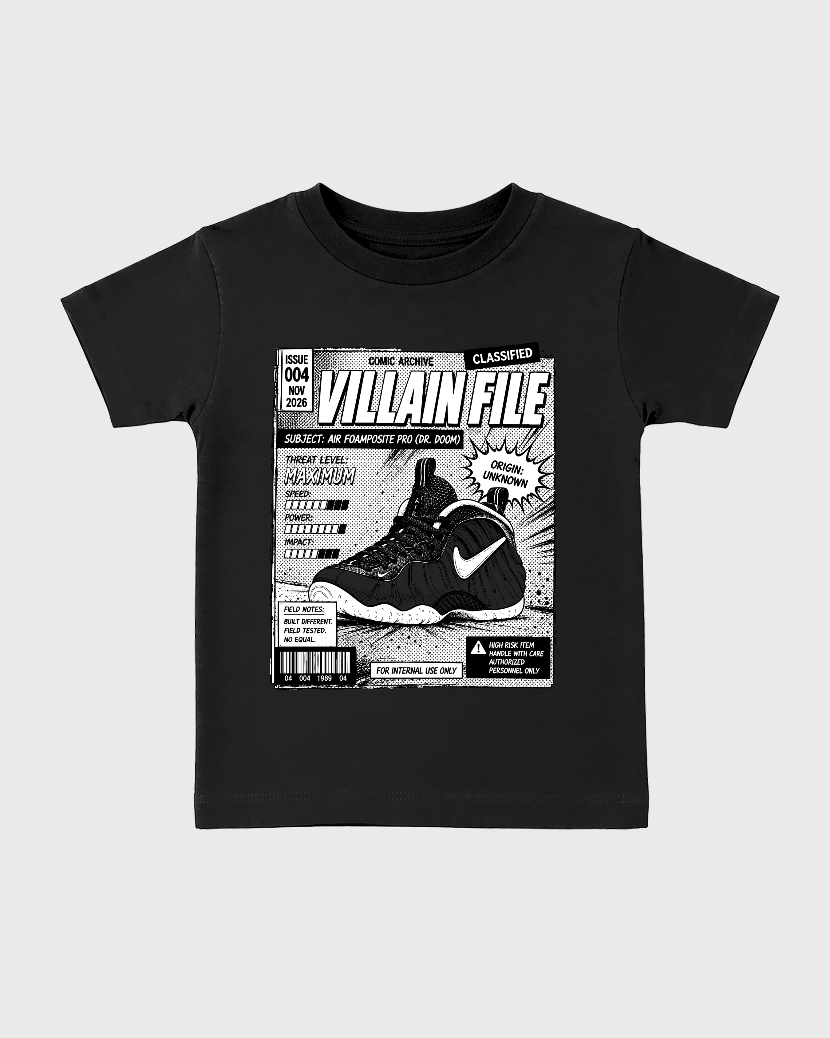 Villain File Baby & Kids Graphic T-Shirt featuring original artwork designed to match the Air Foamposite Pro Dr.Doom. Black 2 Kids Graphic Tee.