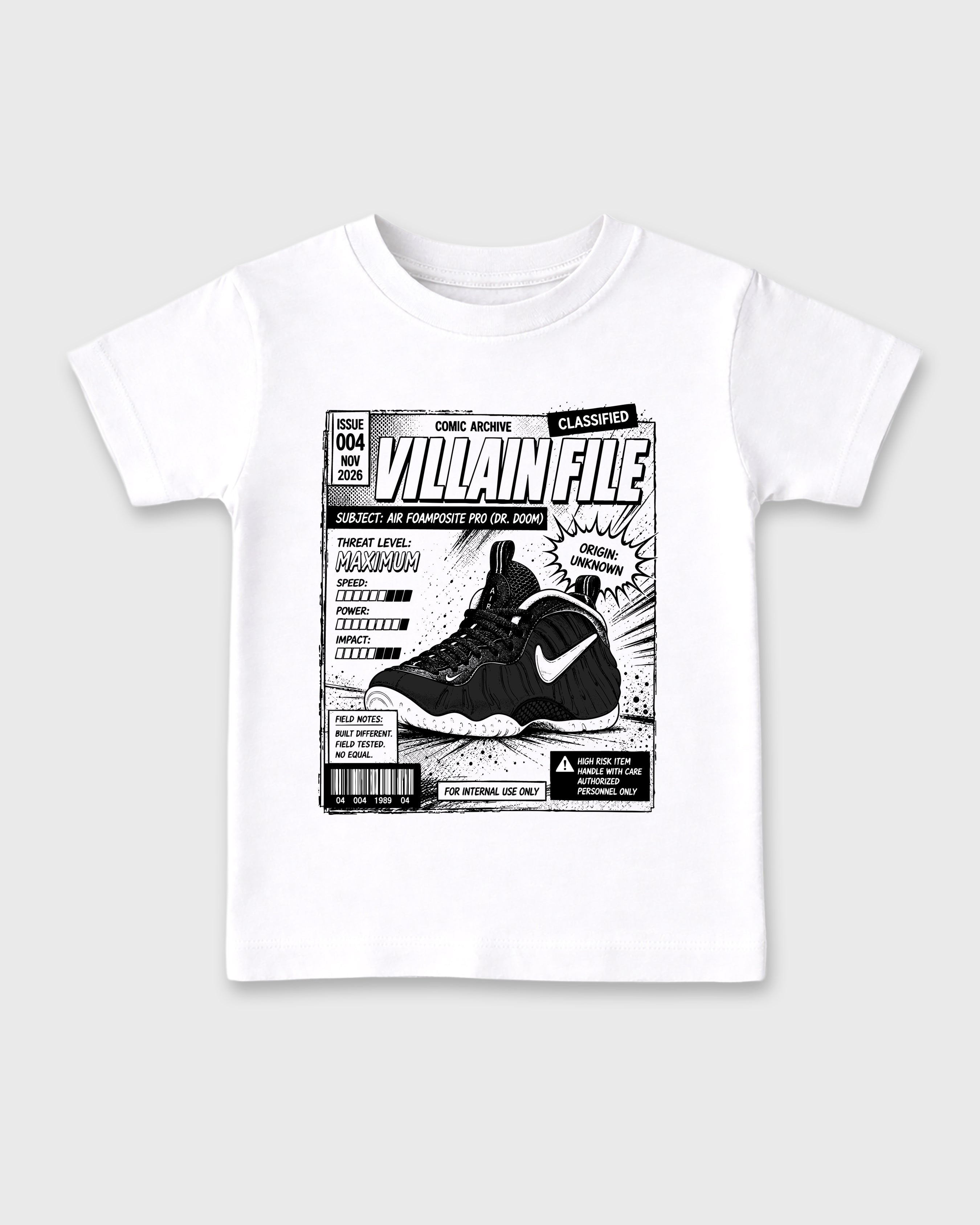 Villain File Baby & Kids Graphic T-Shirt featuring original artwork designed to match the Air Foamposite Pro Dr.Doom. White 2 Kids Graphic Tee.