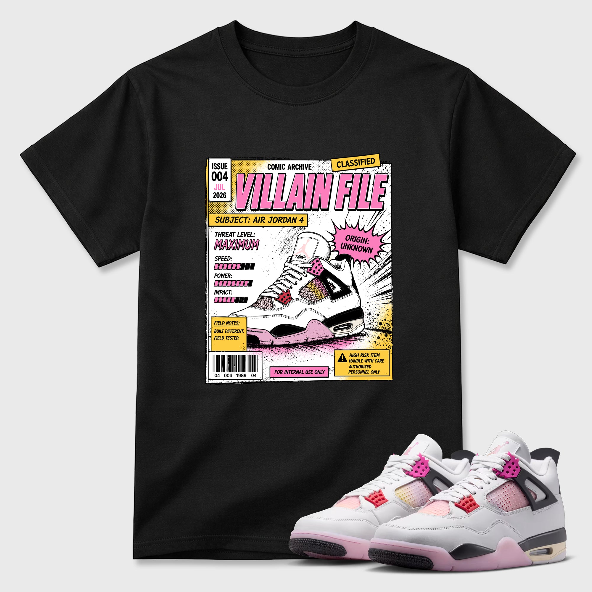 Villain File Graphic T-Shirt featuring original streetwear artwork designed to match the Air Jordan 4 Comic. Black 1 Graphic T-Shirt.