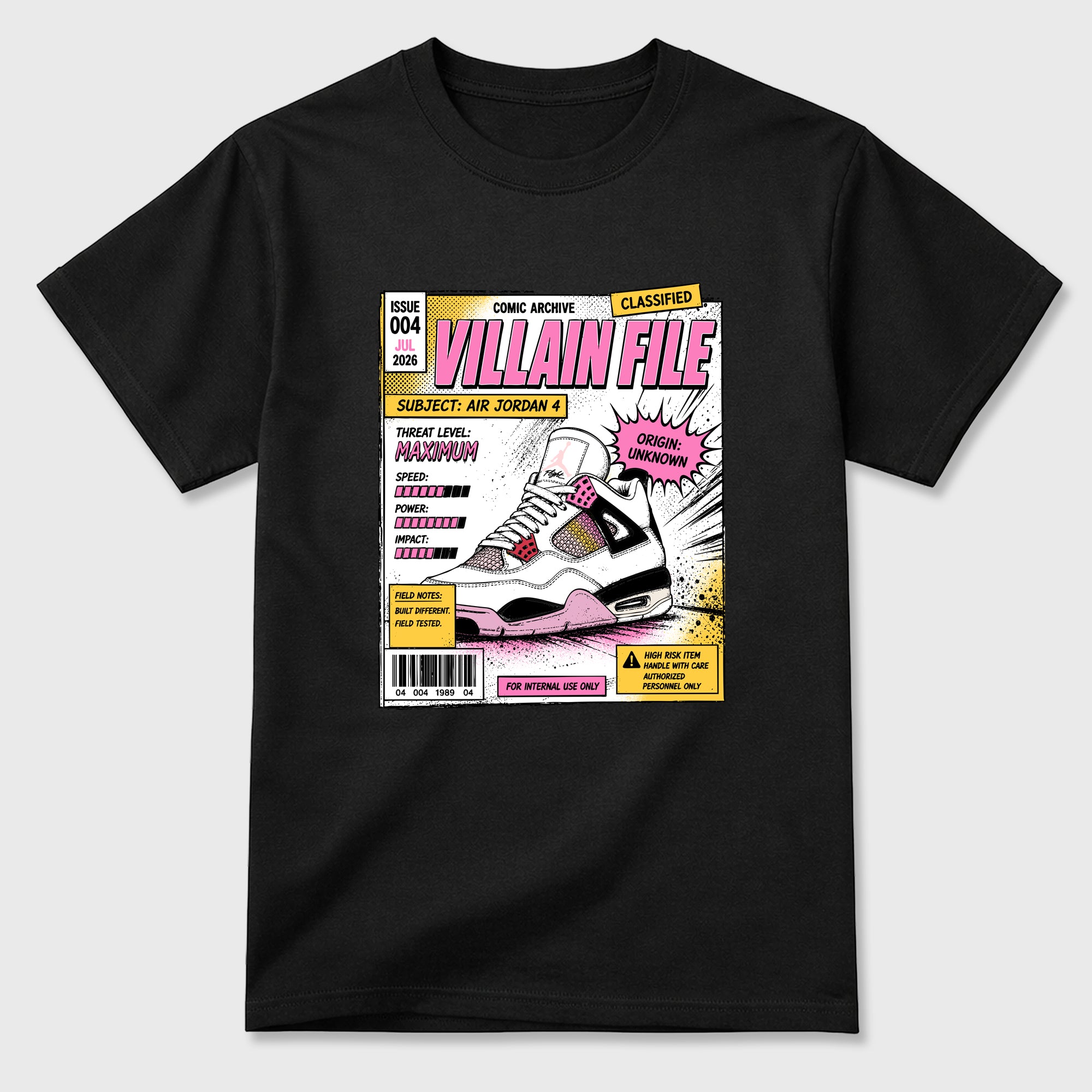 Villain File Graphic T-Shirt featuring original streetwear artwork designed to match the Air Jordan 4 Comic. Black 2 Graphic T-Shirt.