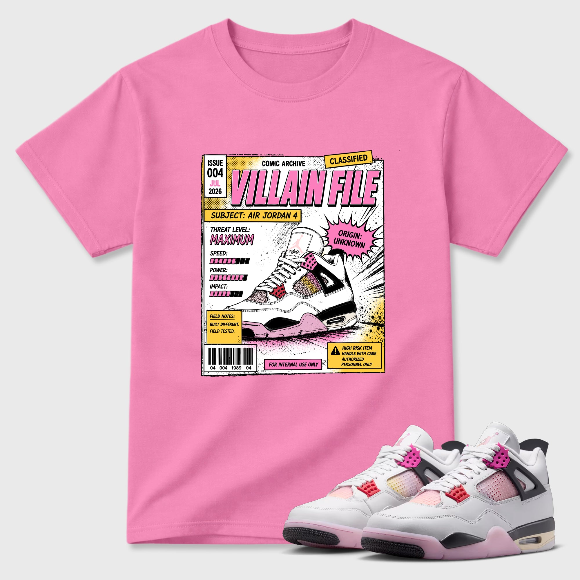 Villain File Graphic T-Shirt featuring original streetwear artwork designed to match the Air Jordan 4 Comic. Bubble Gum 1 Graphic T-Shirt.
