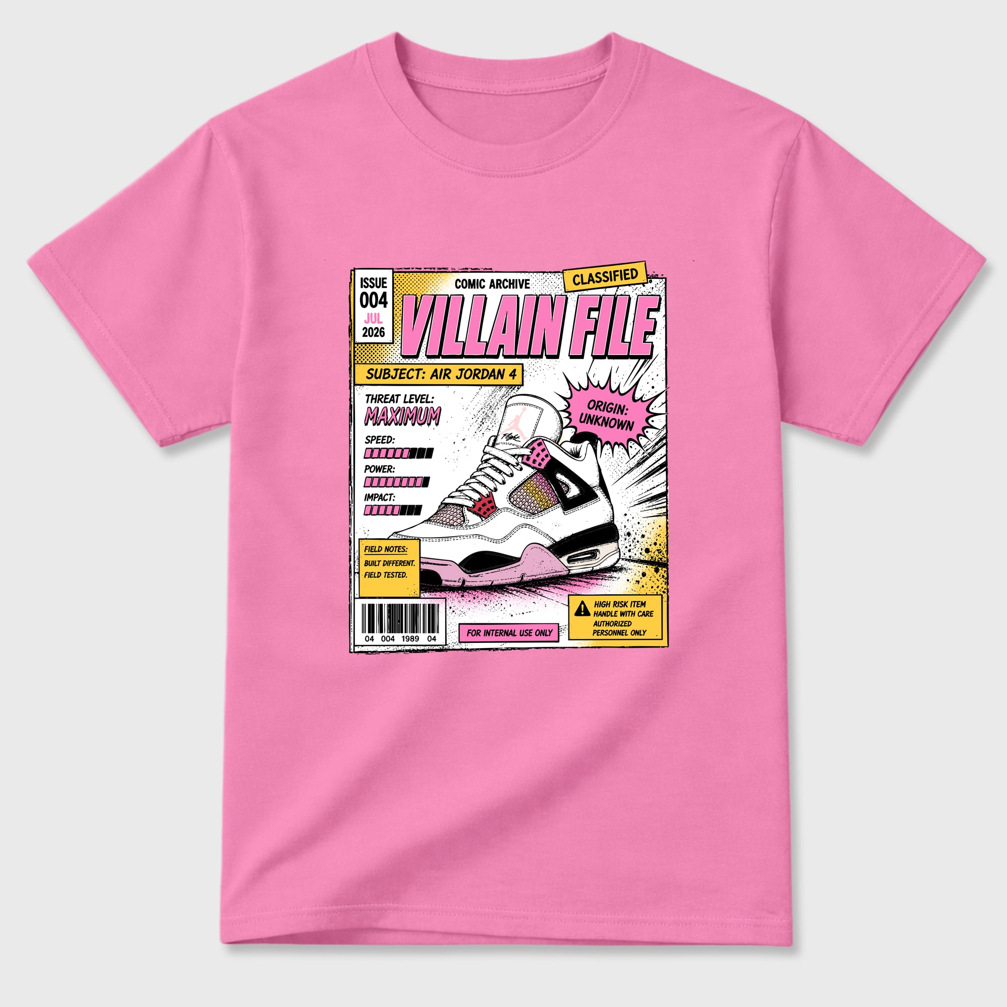 Villain File Graphic T-Shirt featuring original streetwear artwork designed to match the Air Jordan 4 Comic. Bubble Gum 2 Graphic T-Shirt.