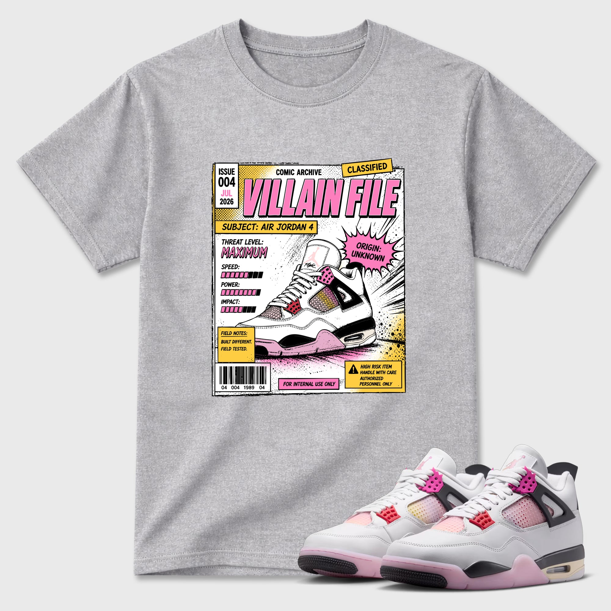 Villain File Graphic T-Shirt featuring original streetwear artwork designed to match the Air Jordan 4 Comic. Heather Grey 1 Graphic T-Shirt.