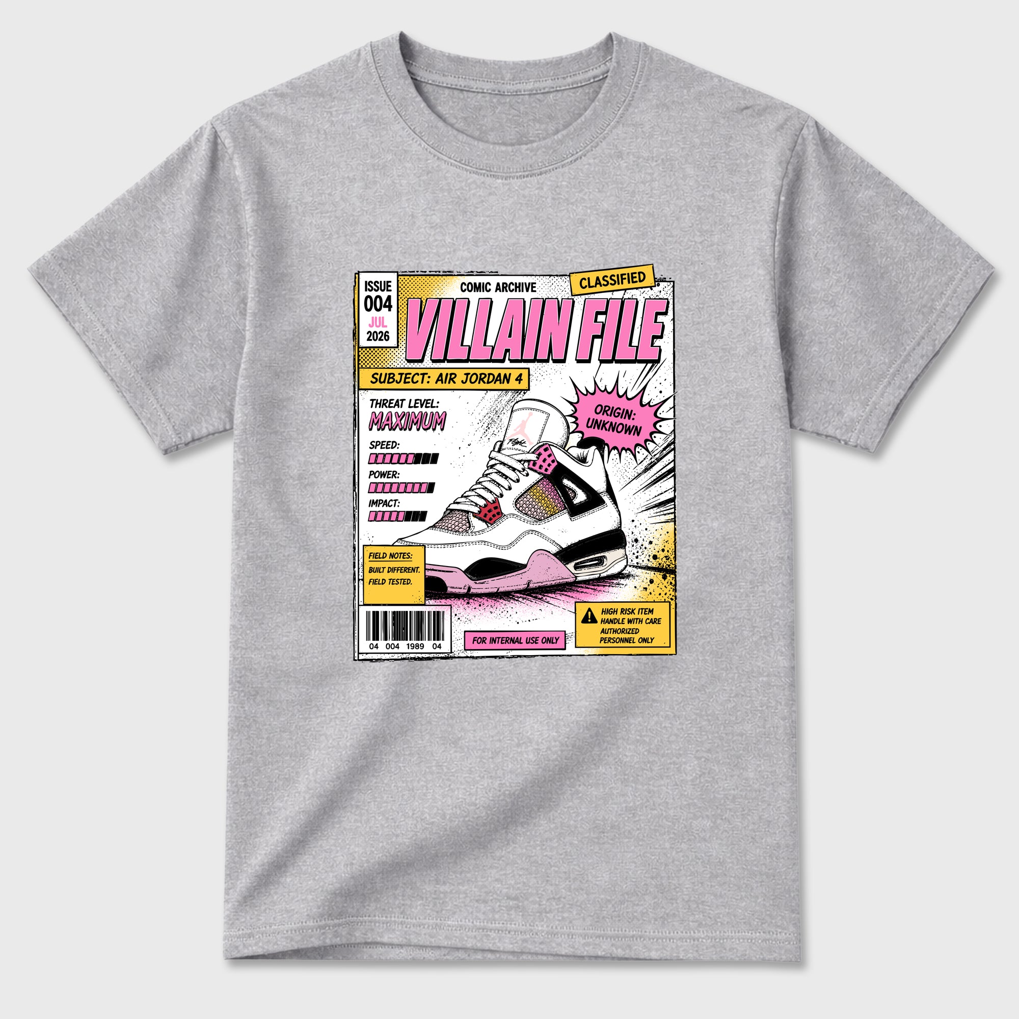 Villain File Graphic T-Shirt featuring original streetwear artwork designed to match the Air Jordan 4 Comic. Heather Grey 2 Graphic T-Shirt.