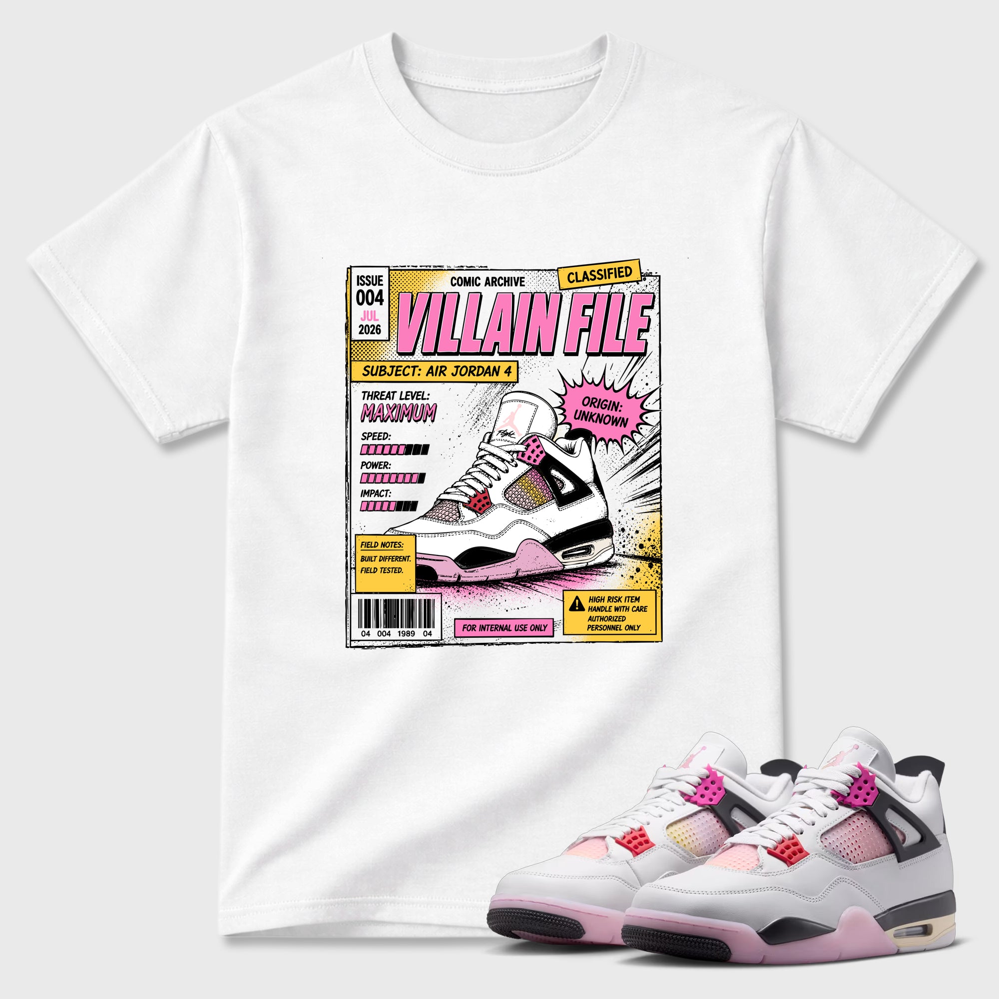 Villain File Graphic T-Shirt featuring original streetwear artwork designed to match the Air Jordan 4 Comic. White 1 Graphic T-Shirt.