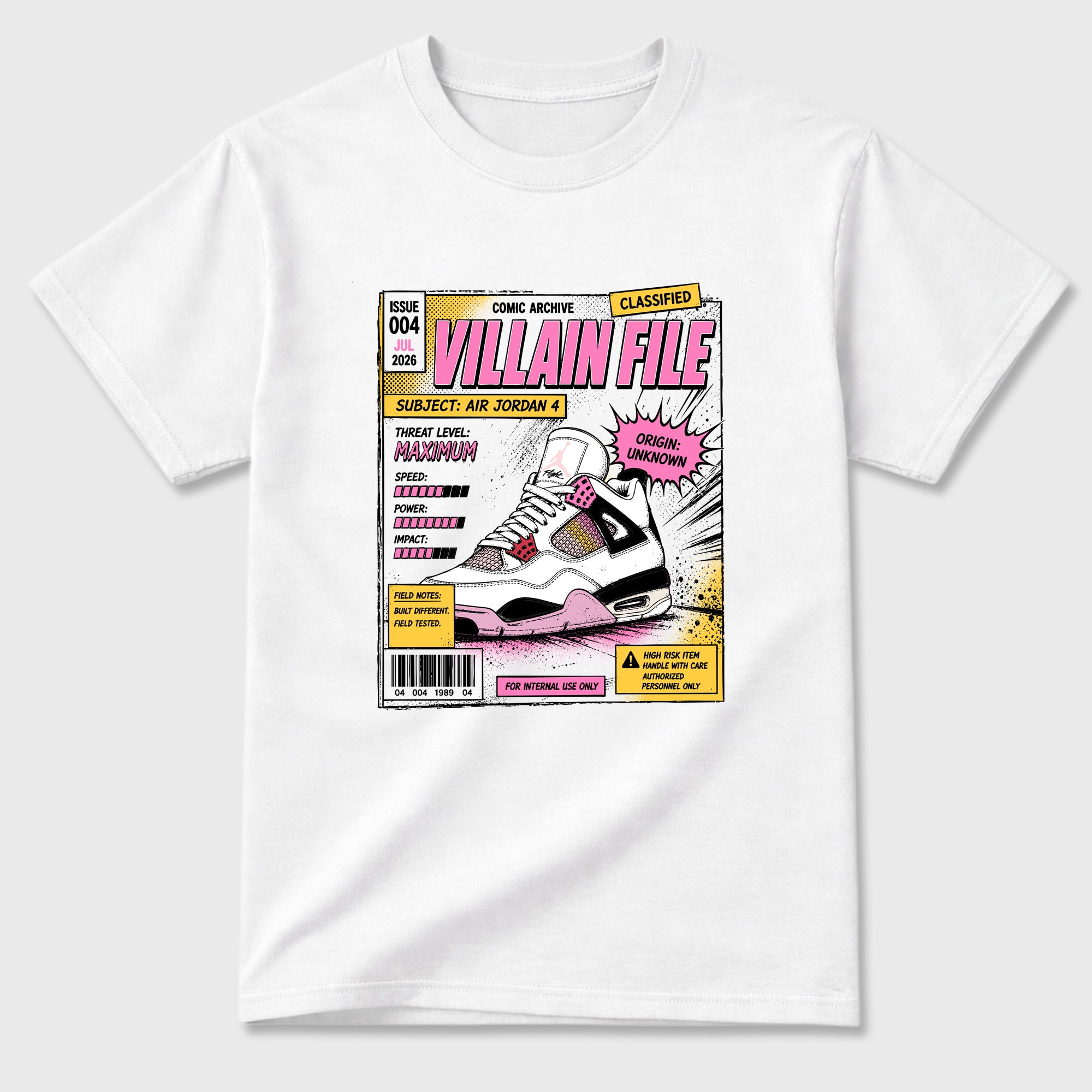 Villain File Graphic T-Shirt featuring original streetwear artwork designed to match the Air Jordan 4 Comic. White 2 Graphic T-Shirt.