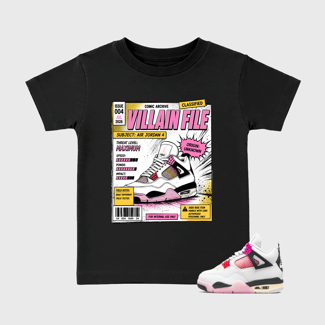 Villain File Baby & Kids Graphic T-Shirt featuring original artwork designed to match the Air Jordan 4 Comic. Black 1 Kids Graphic Tee.
