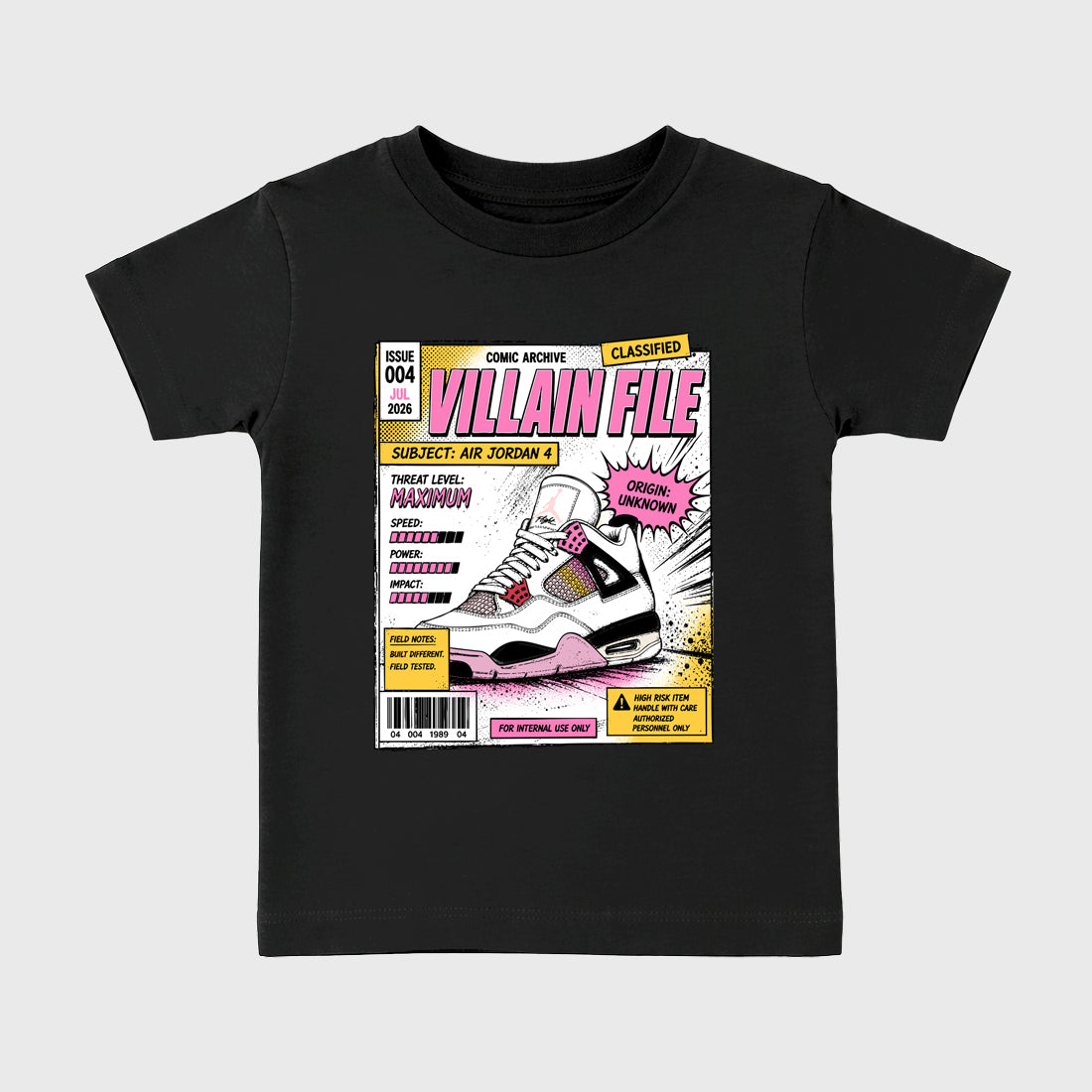Villain File Baby & Kids Graphic T-Shirt featuring original artwork designed to match the Air Jordan 4 Comic. Black 2 Kids Graphic Tee.