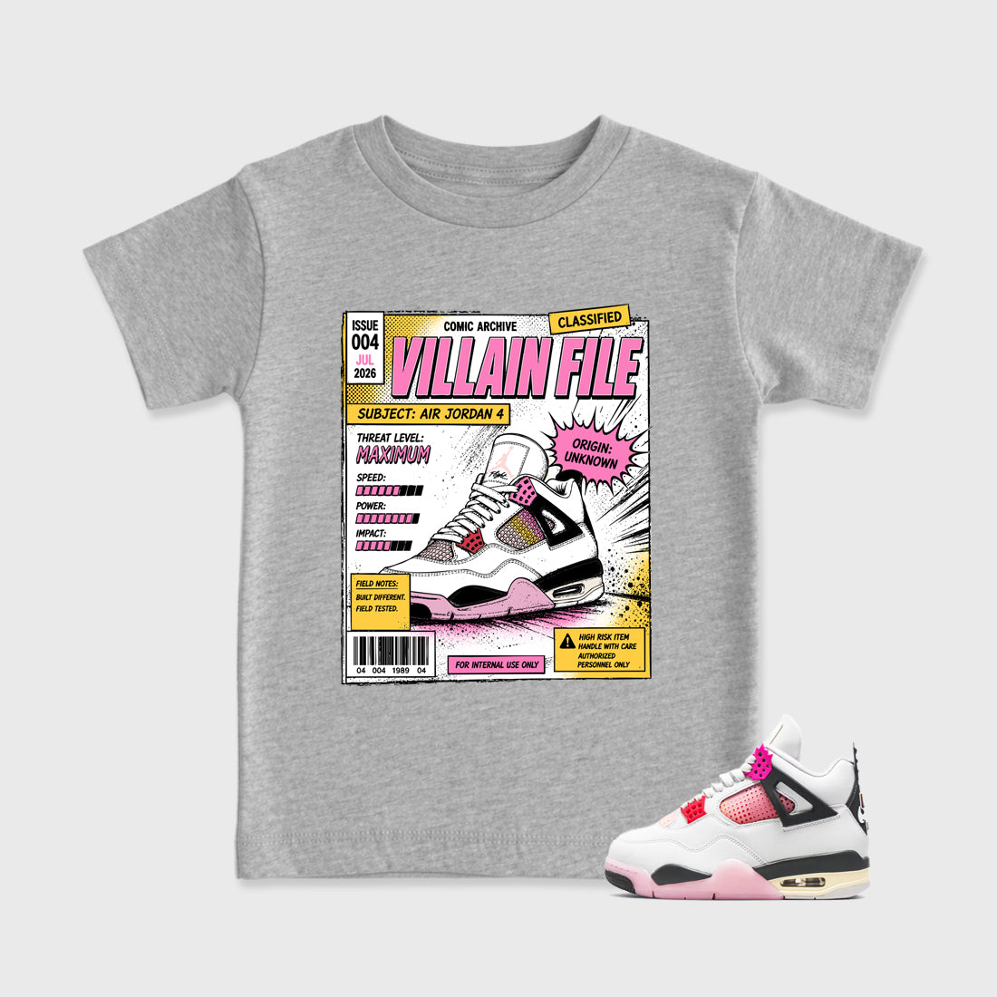 Villain File Baby & Kids Graphic T-Shirt featuring original artwork designed to match the Air Jordan 4 Comic. Heather Grey 1 Kids Graphic Tee.